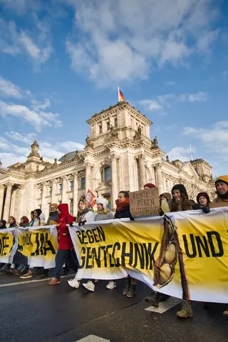 Demozug vor dem Reichtagsgebäude