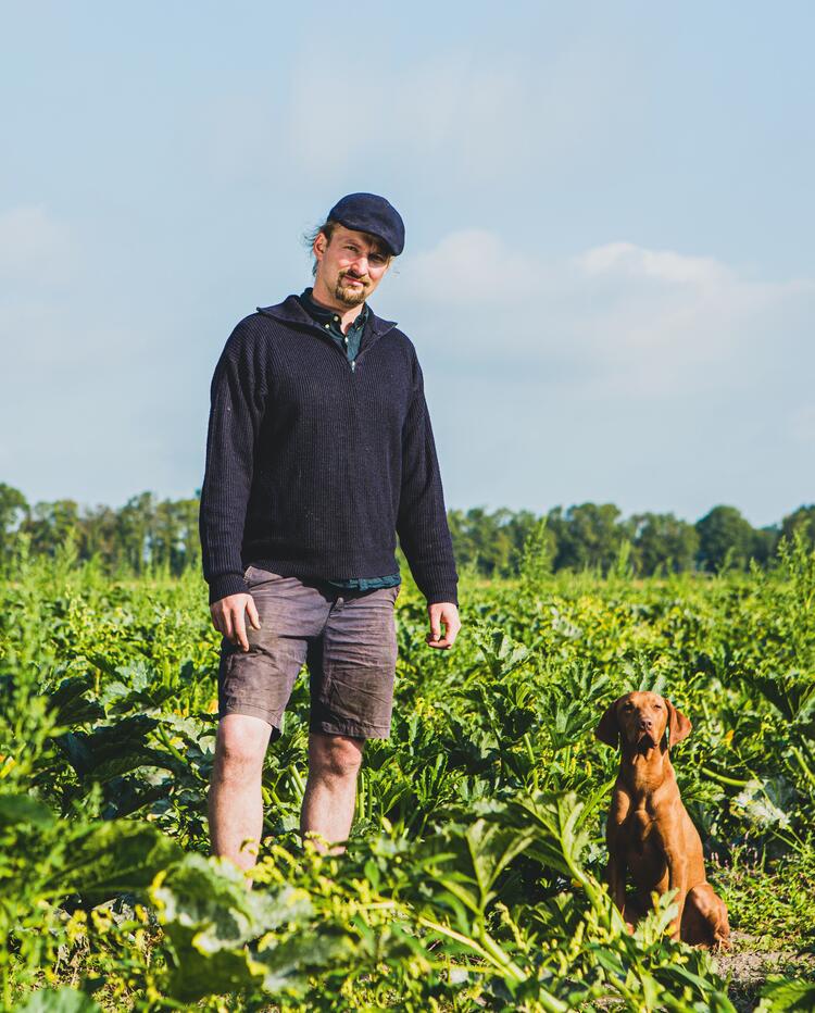 Mann mit Hund auf Feld