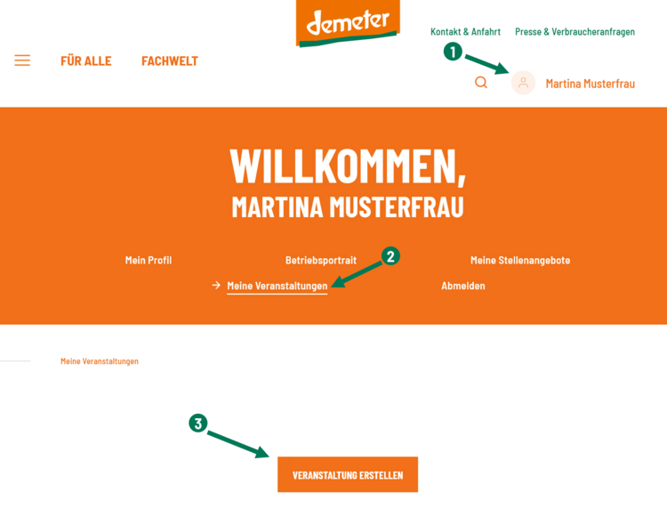 Hier wird ein Screenshot des internen Bereichs auf der Demeter-Seite gezeigt und der Weg zum Anlegen einer Veranstaltung visualisiert.