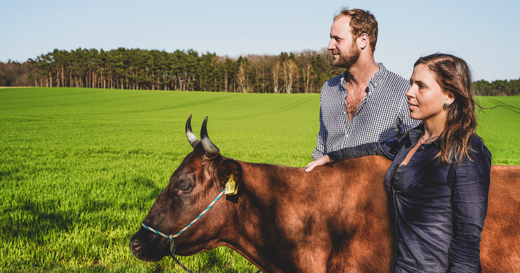 Klara Roever und Malte Behr mit einer Kuh auf der Weide