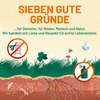 Sieben gute Gründe für Demeter, für Boden, Mensch und Natur. Wir handeln mit Liebe und Respekt für echte Lebensmittel. Abgebildet ist eine vielfältige Wiese ohne Gentechnik und Pestizide