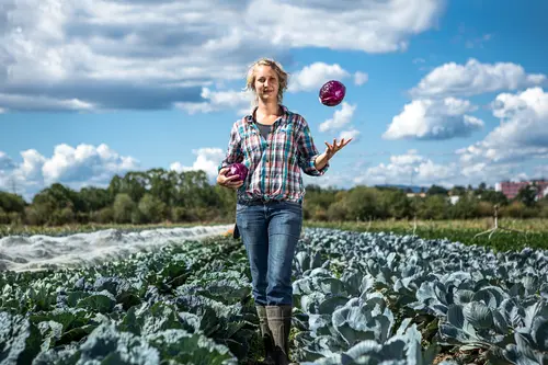 Johanna Fellner steht auf einem Feld und wirft einen Rotkohl in die Luft